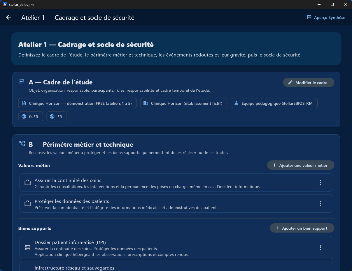 Interface de l'atelier 1 : cadrage et valeurs métier