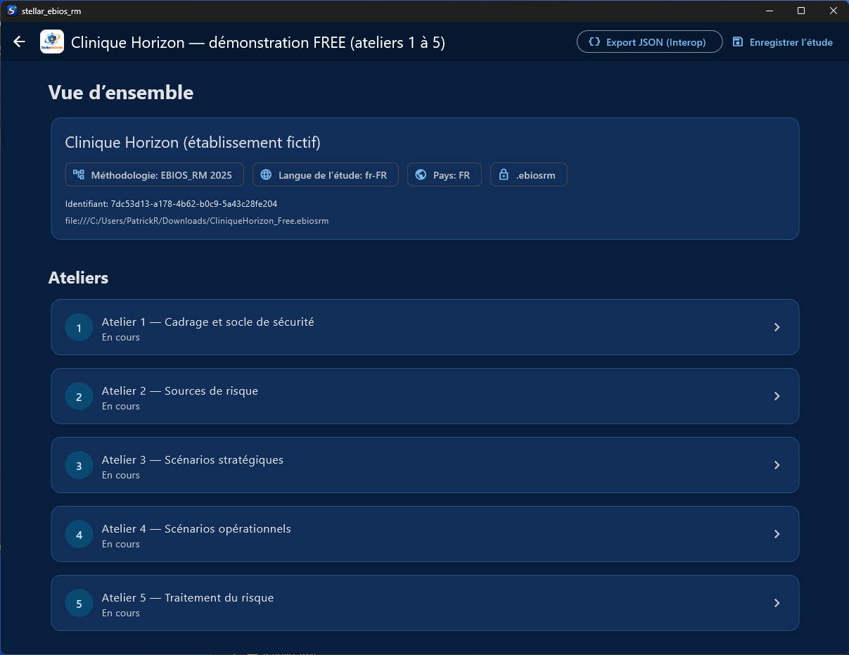 Vue d'ensemble des cinq ateliers dans le logiciel